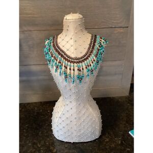 Handmade Seed Bead Fringe Collar Necklace Turquoise Brown Boho Bib 18 inches